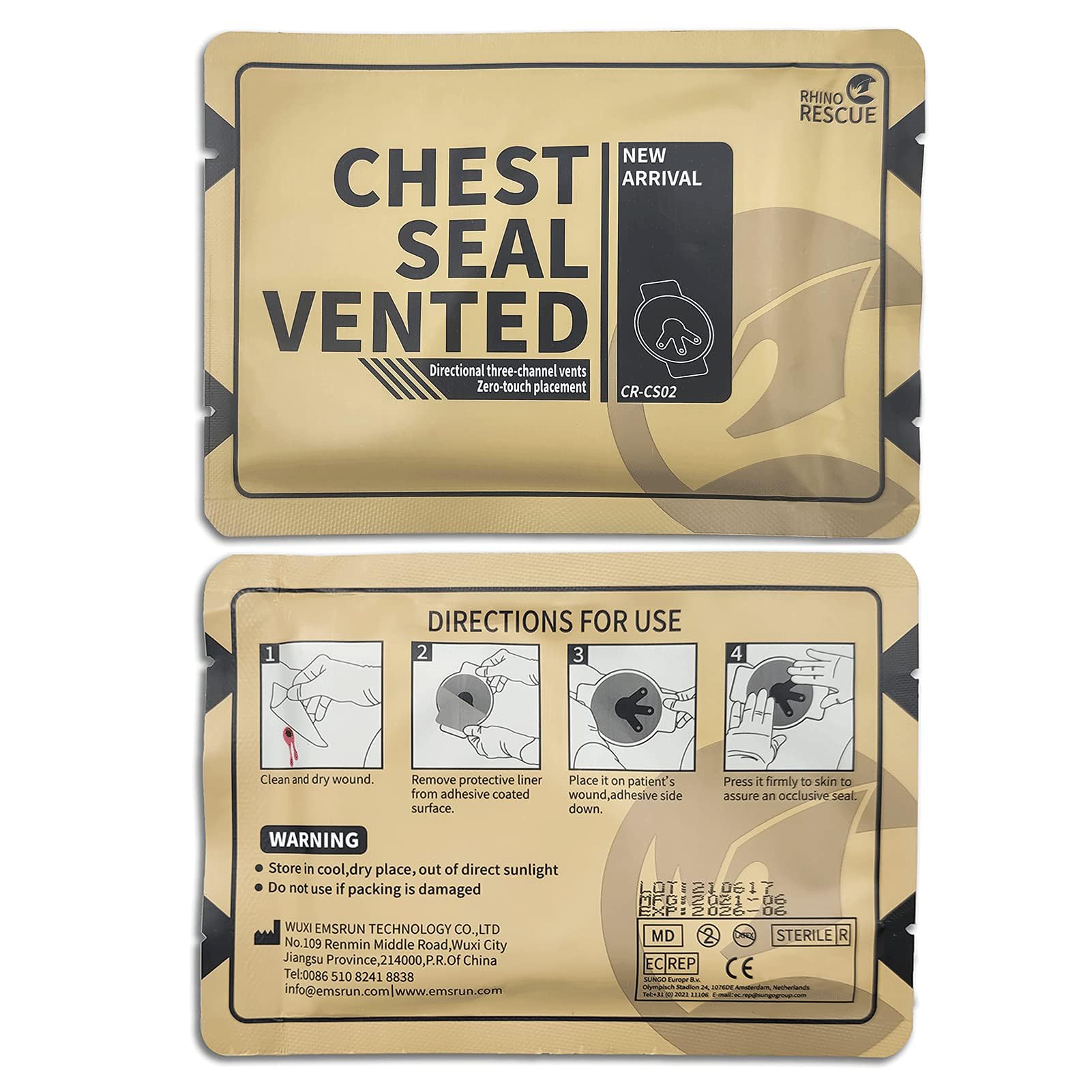RHINO RESCUE Vent Chest Seal, Emergency Trauma Dressing, First Aid Kit Sterile, Wound Care IFAK Supplies, FSA HSA Eligible, 2 Count