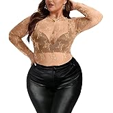 AYIFU Women's Lace Mesh Top Sheer Plus Size See Through Floral Long Sleeve Mock Neck Blouse Tops