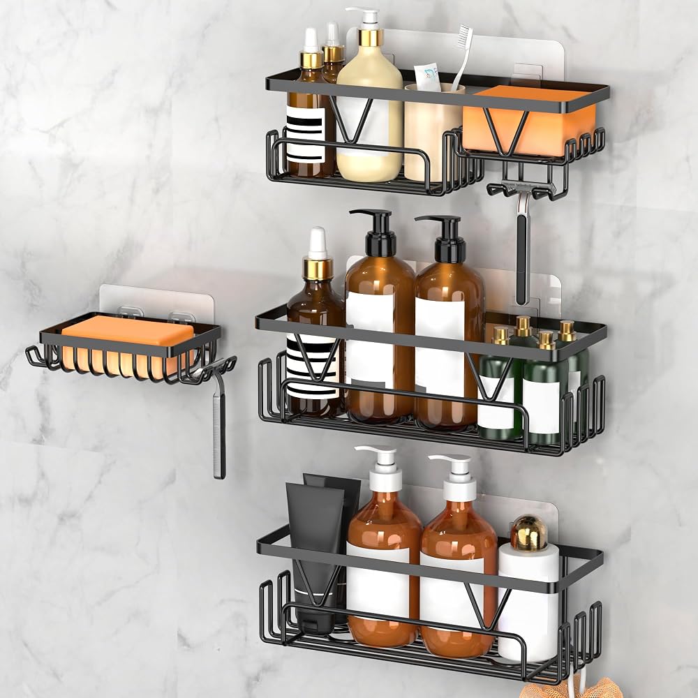KEGII Shower Caddy with Soap Holder Self Adhesive 4 Pieces Black