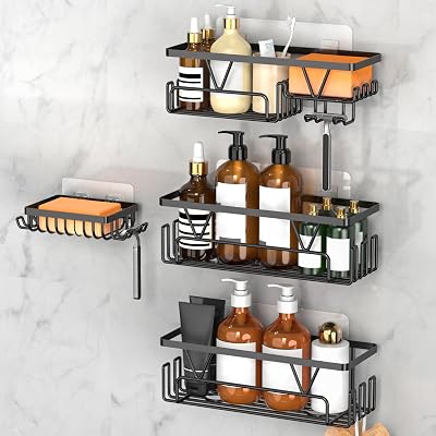 KEGII Shower Caddy with Soap Holder Self Adhesive 4 Pieces Black