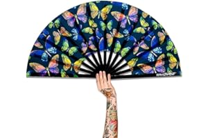 Raveahem UV Glow Rave Fan, Bamboo Folding Clack Hand Fan for Men Women (Butterfly-1, Large 13")