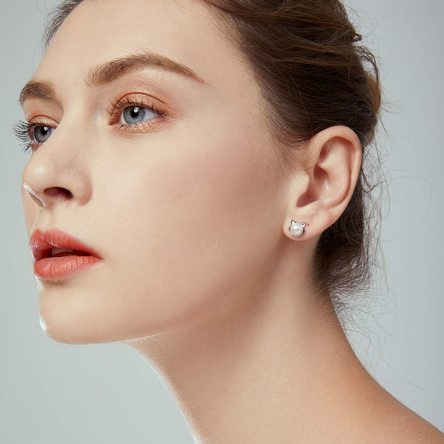 Cat Cute Sterling Silver with Crystal Zircon and AAA Cultured Freshwater Pearl Stud Earrings for Girls Kids