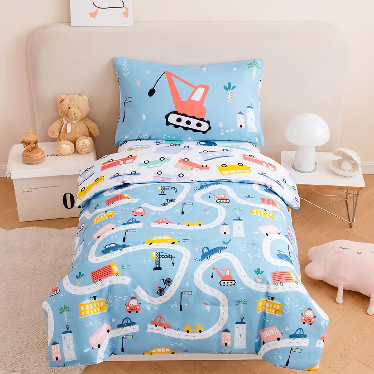 STYHO Kids Duvet Cover Sets Double Reversible Colorful Cars Bedding Ultra Soft Microfiber Cranes Bus Vehicles Children Bedding Collection(Blue, Double) — image 1