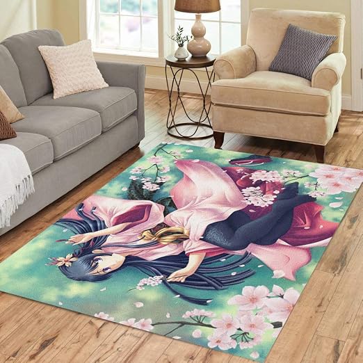 Amazon Com Pinbeam Area Rug Green Anime Kimono Girl Japanese Sakura Woman Autumn Home Decor Floor Rug 3 X 5 Carpet Kitchen Dining