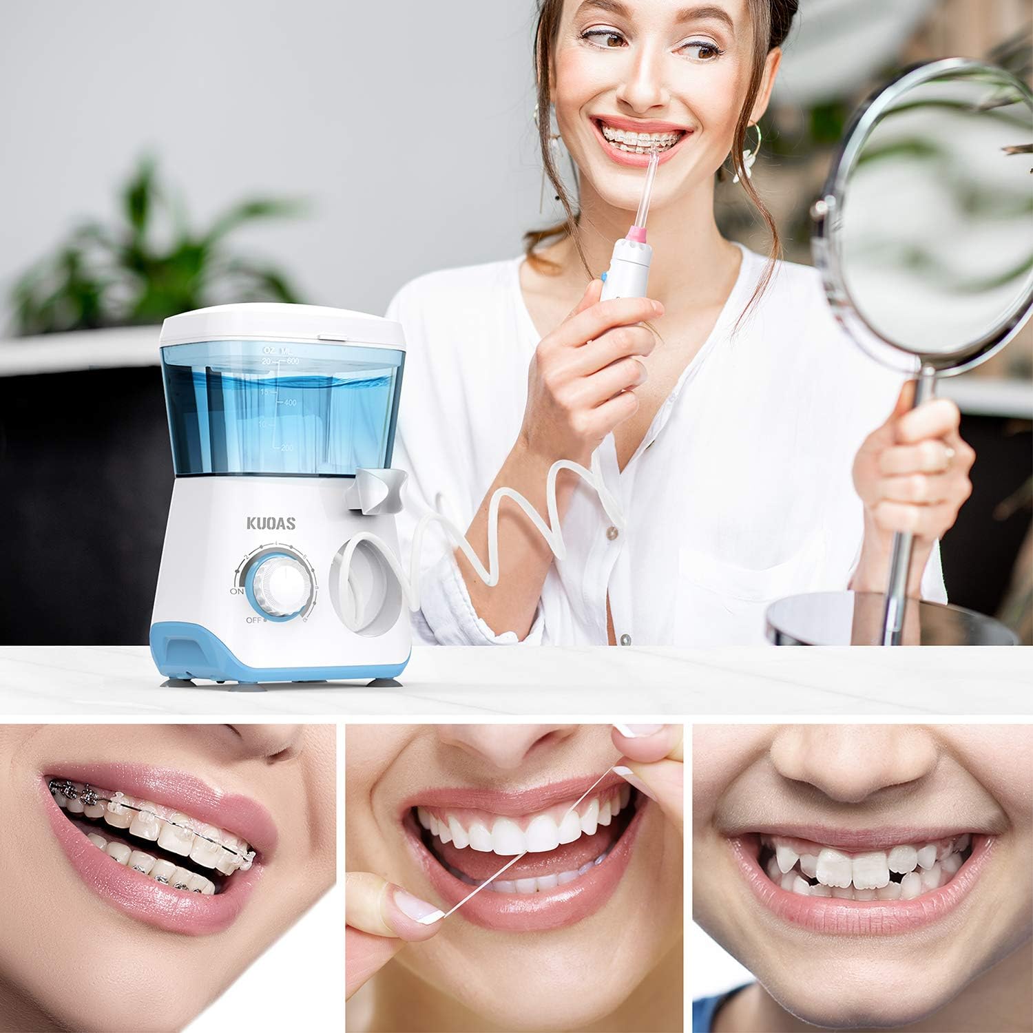 Water Dental Flosser, KUOAS Water Dental Flossers for Teeth with 600ml Capacity and 8 Multifunctional Tips , 10 Pressure Countertop Water Power Flossers for Braces (White): Health & Personal Care