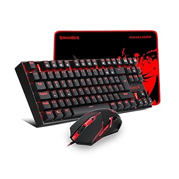REDRAGON K552-BA-DE Gaming Tastatur und Gaming Maus Set Plus Mauspad, LED RGB Rot Beleuchtete Mechanische Gaming Tastatur 87 