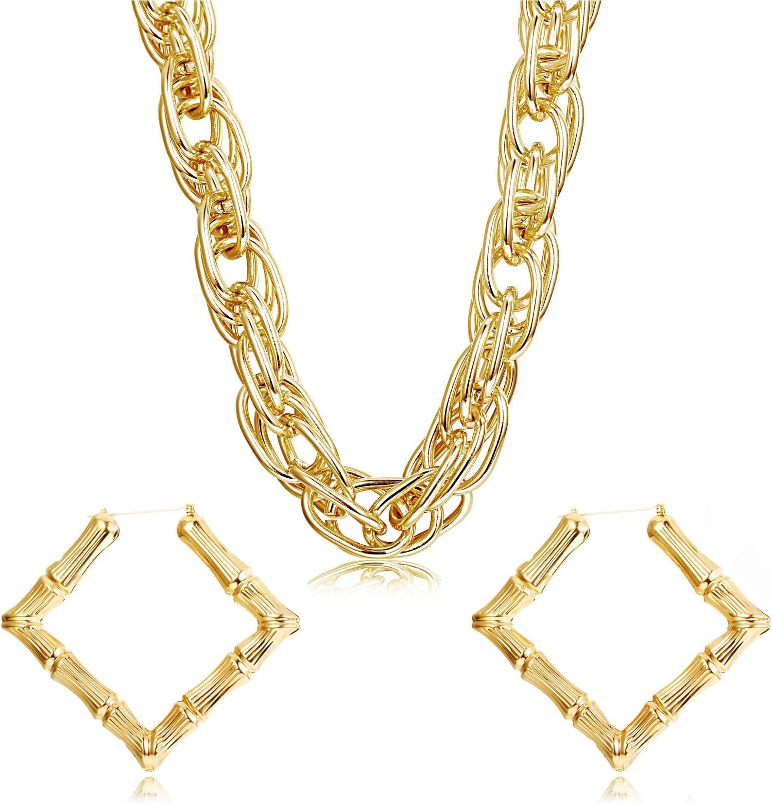HANPABUM Gold Plated Chunky Rope Chain Necklace and Large Hollow Casting Triangle Bamboo Hoop Earrings Set for Men Women Punk Hip Hop Costume Kit 80s/ 90s Rapper Accessories