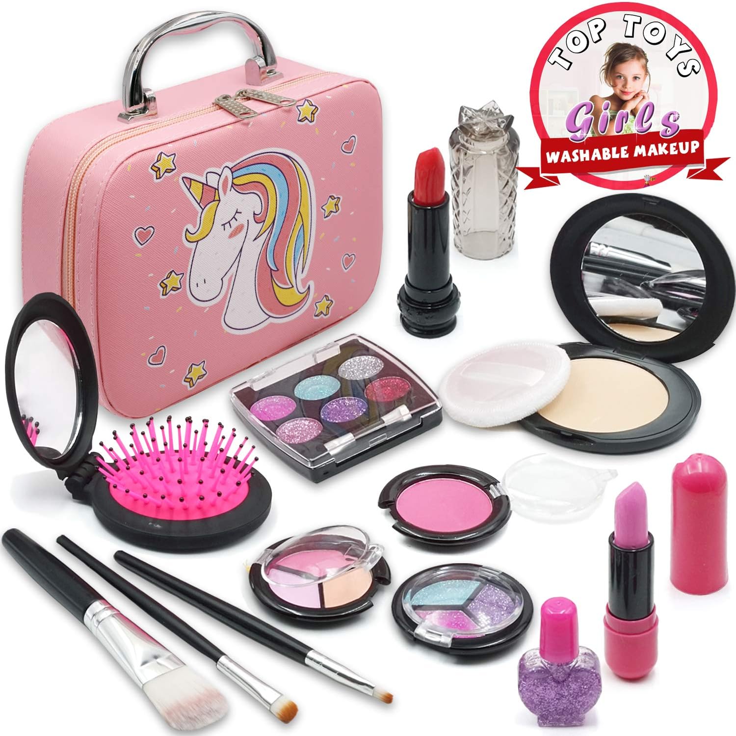 ROKKES Kids Washable Makeup Toy - Unicorn Real Cosmetic Kit for Little Girls , Play Makeup Set for Toddlers , Pretend Makeup for Kids Age 4 , Cosmetic Toys , Best Gifts for 3/4/5/6/7 Years Old Girls