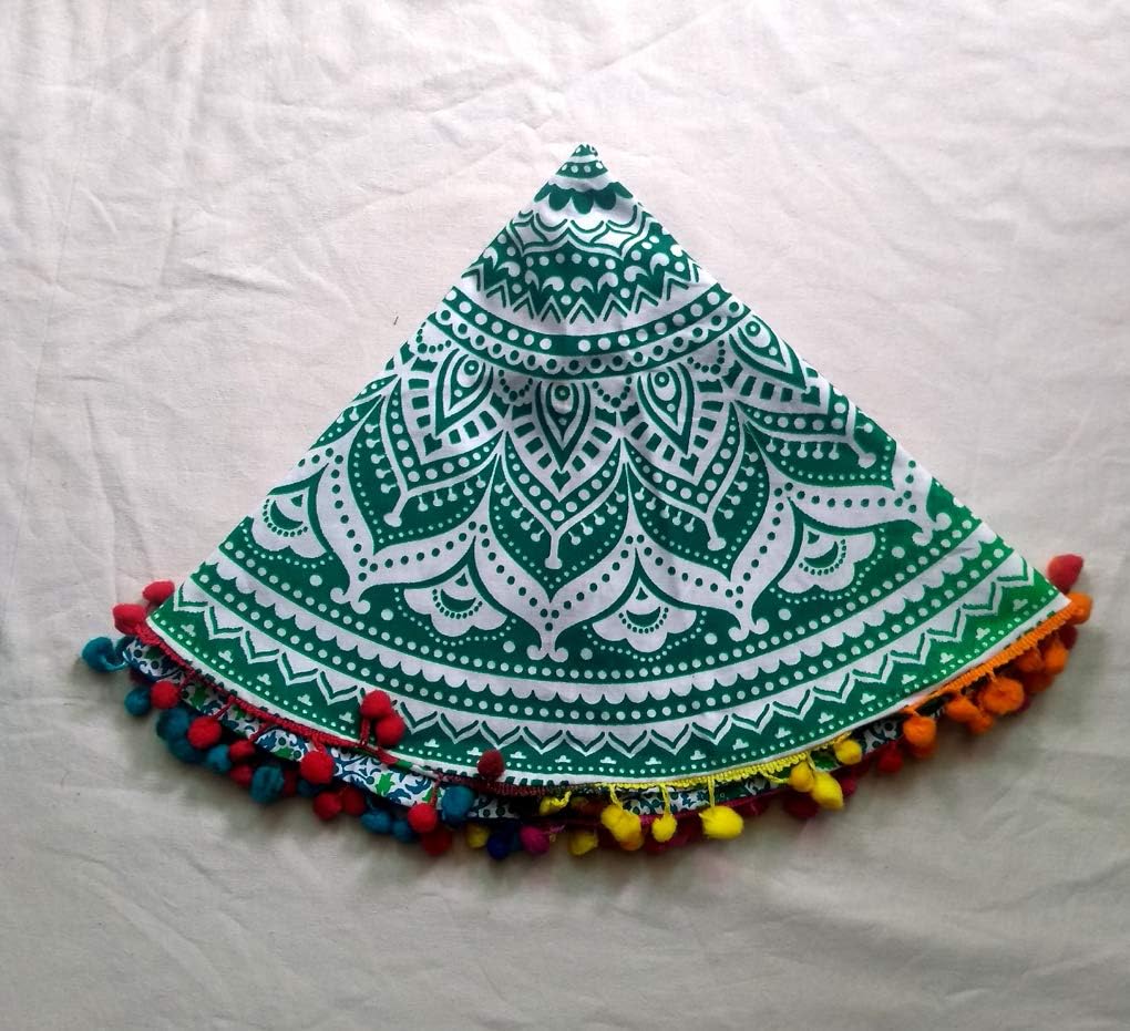 Shubhlaxmifashion Mandala Round Floor Pillow Cover Cushion Meditation Seating Ottoman Throw Cover Hippie Decorative Zipped Bohemian Pouf Multi Pom Pom Pillow Case (Green)
