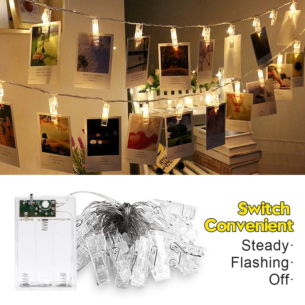Amteker LED Foto Clip Stringa Illuminazione con Telecomando e Timer - 40 Foto Clip Batteria Alimentato 5M Luci Immagine Illuminazione per Decorazione Tabella Foto,Note,Opera D\'arte (Bianco Caldo)