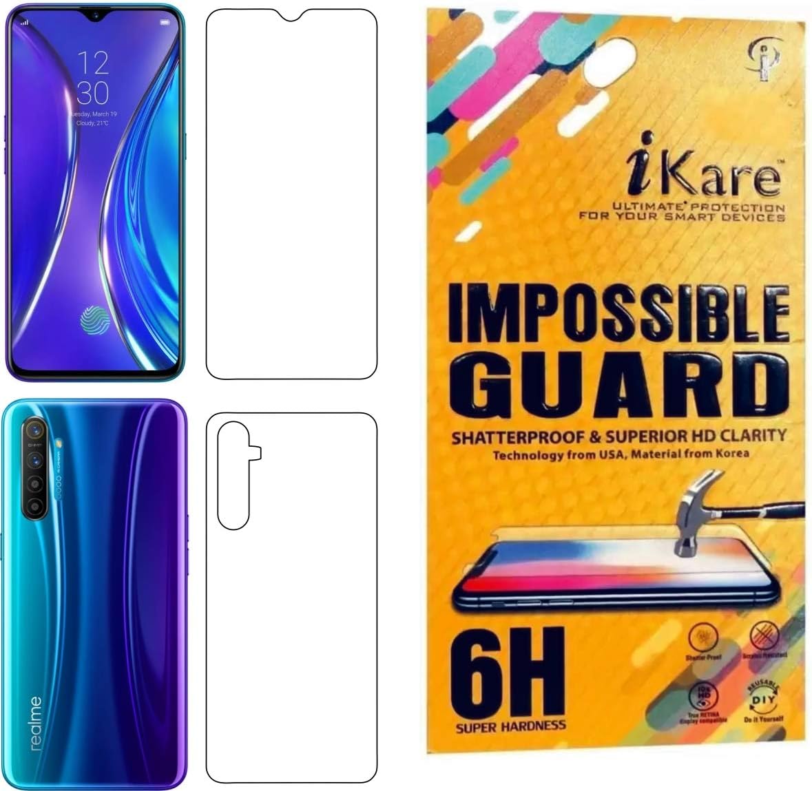 ikare impossible xt front and back tempered screen guard full screen coverage (except edges) for realme xt - transparent (does not cover the edges)