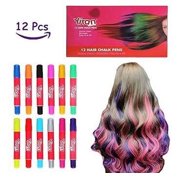 12 Pack Hair Chalk Pens Vibrant Colours Temporary Metallic