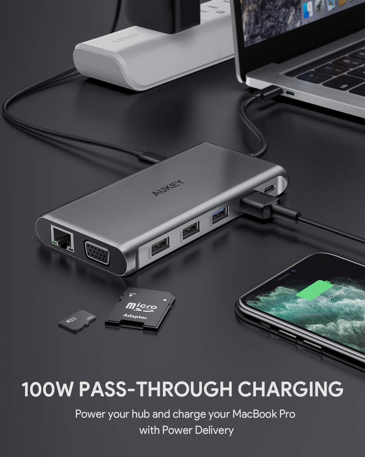 AUKEY USB C Hub 12-in-1 Type C Adapter with Ethernet, 4K HDMI,VGA,2 USB 3.0,2 USB 2.0,100W PD,USB-C Data Port and SD/TF Docking Station for MacBookPro/Air(Thunderbolt 3) and Other USB-C Laptops: Computers & Accessories