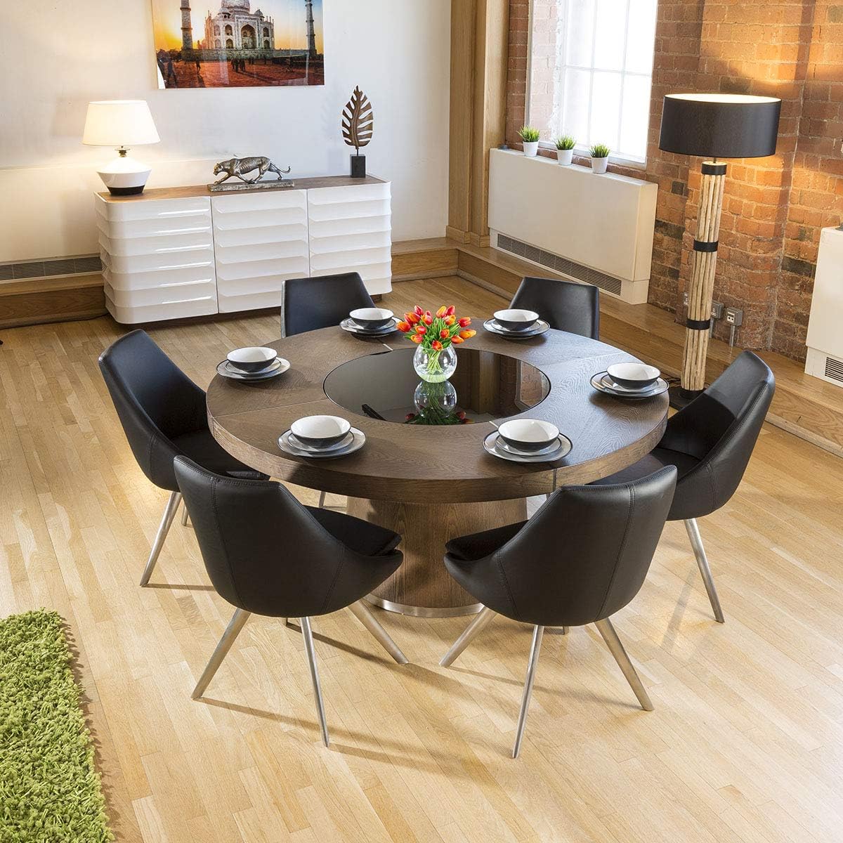 Avant Garde Large Elm Wood Circular 1 6m Dining Table 6 Modern Black Chairs Amazon Co Uk Kitchen Home