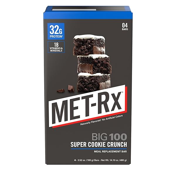 MET-RX BIG 100 PROTEIN BAR, MEAL REPLACEMENT BAR, 32G PROTEIN, SUPER COOKIE CRUNCH, 4 COUNT