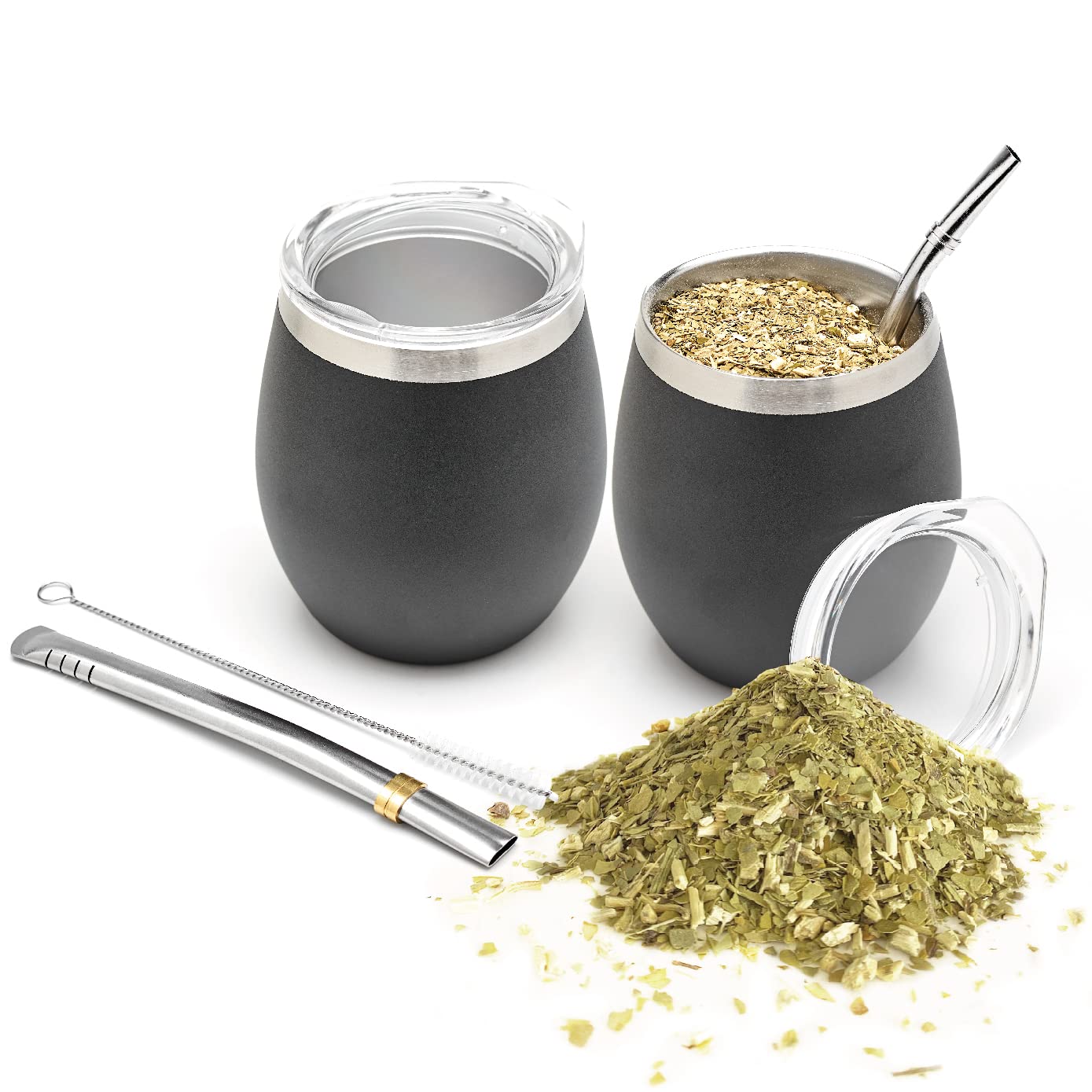 BALIBETOV Modern Mate Cup and Bombilla Set (Yerba Mate Cup) -Yerba Mate Set Includes Double Walled 18/8 Stainless Steel Mate Tea Cup, Two Bombilla Mate (Straw) and a Cleaning Brush (Black)