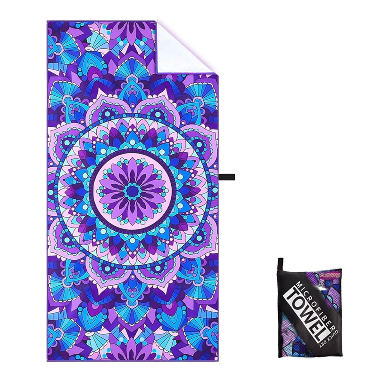 Large Microfibre Mandala Flower Sand Free Towel - 160x90cm, Lightweight Quick Dry, Compact and Thin Sports Travel Swim Towel with Bag, Ideal for Men & Women