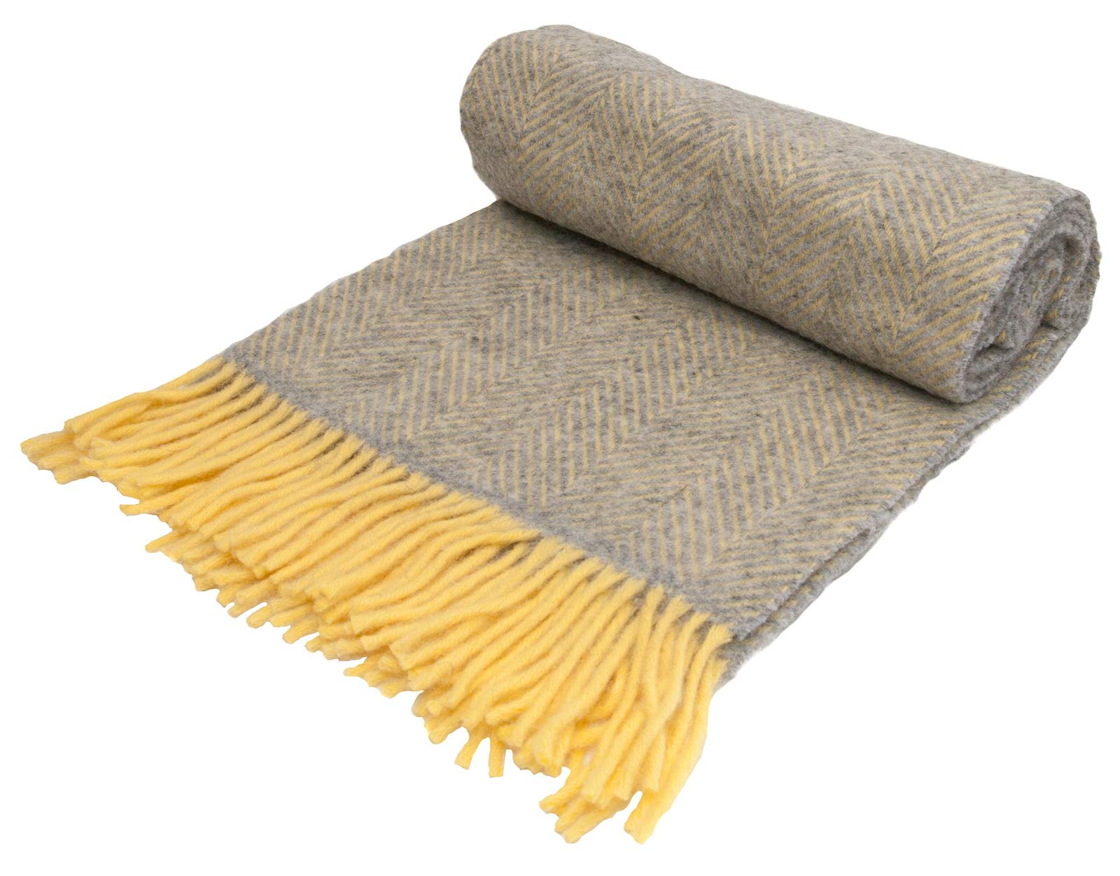 Herringbone - Pure New Wool - Knee Rug Throw Small Blanket - Silver Grey/Lemon - British Made by Tweedmill Textiles