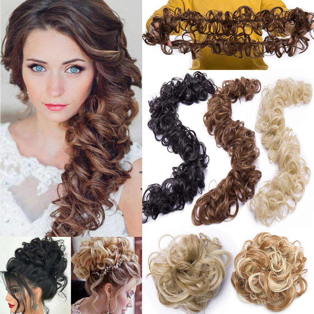 Messy Long Hair Bun Maker DIY Ponytail Extensions Synthetic Curly Tousled Updo Chignon Scrunchies Hair Band Light Brown