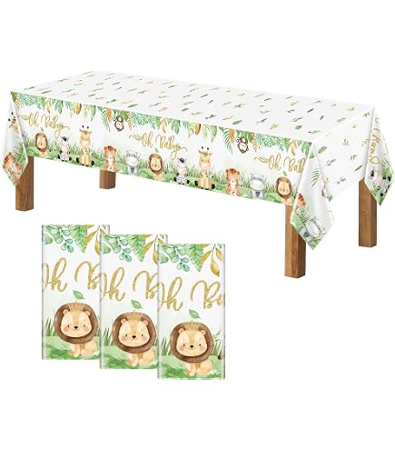 3-Pack Jungle Safari Tablecloths - Sage Green Animal Print, 54" X 87", Wild One Birthday Or Baby Shower Decor