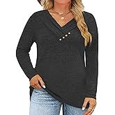 VISLILY Womens-Plus-Size-Tops Trendy V Neck Casual Long Sleeve T Shirts Dressy Button Decor Cute Loose Blouses Tunics XL-5XL