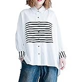 ellazhu Women's Relaxed Striped Button-Up Long-Sleeve Collar Cotton Blouse Shirt GA2075 A