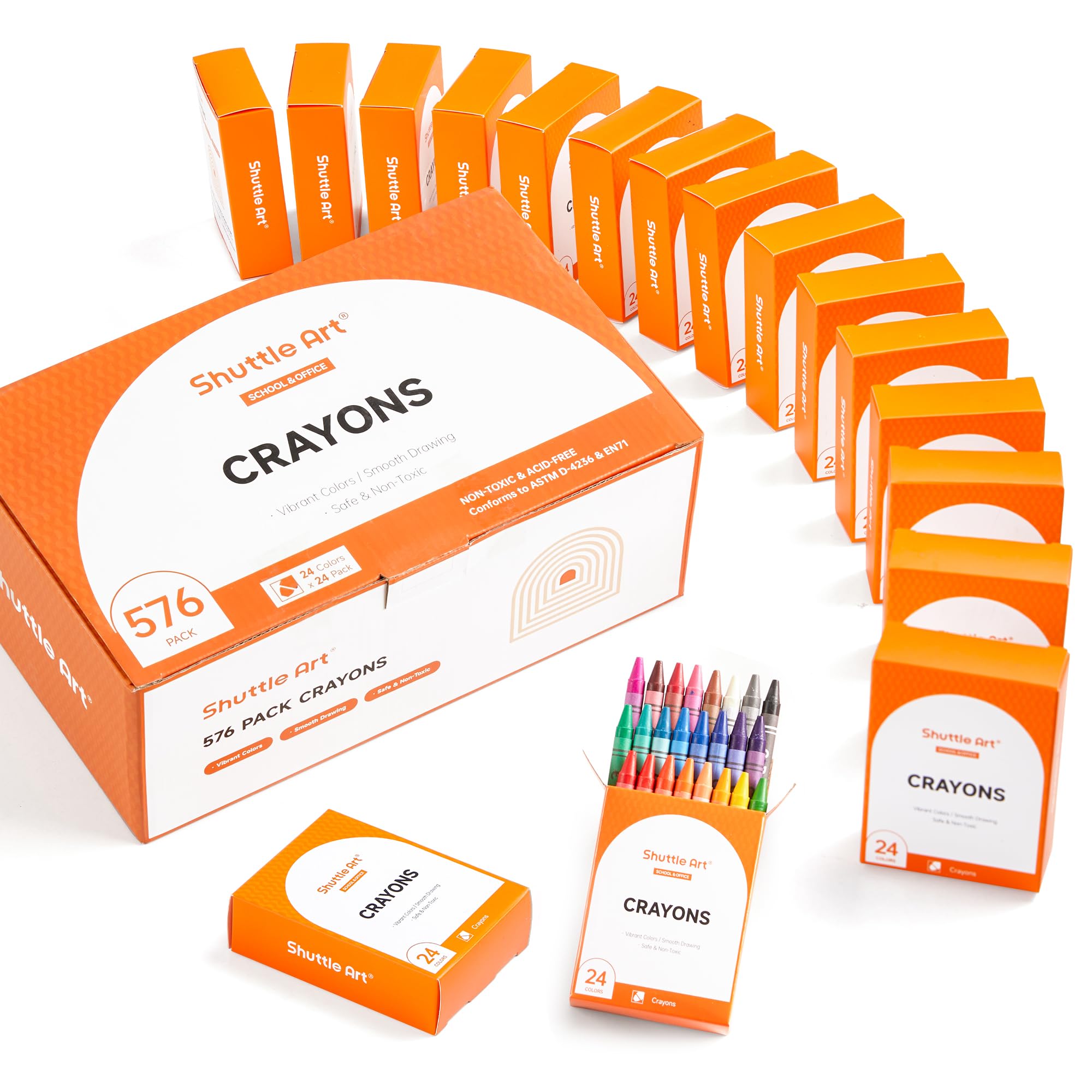 Shuttle Art Crayons Bulk Set - 24 Boxes, 576 Count, Durable & Non-Toxic, Teacher-Quality, Assorted Colors for School Supplies, Family, Class Party Favors