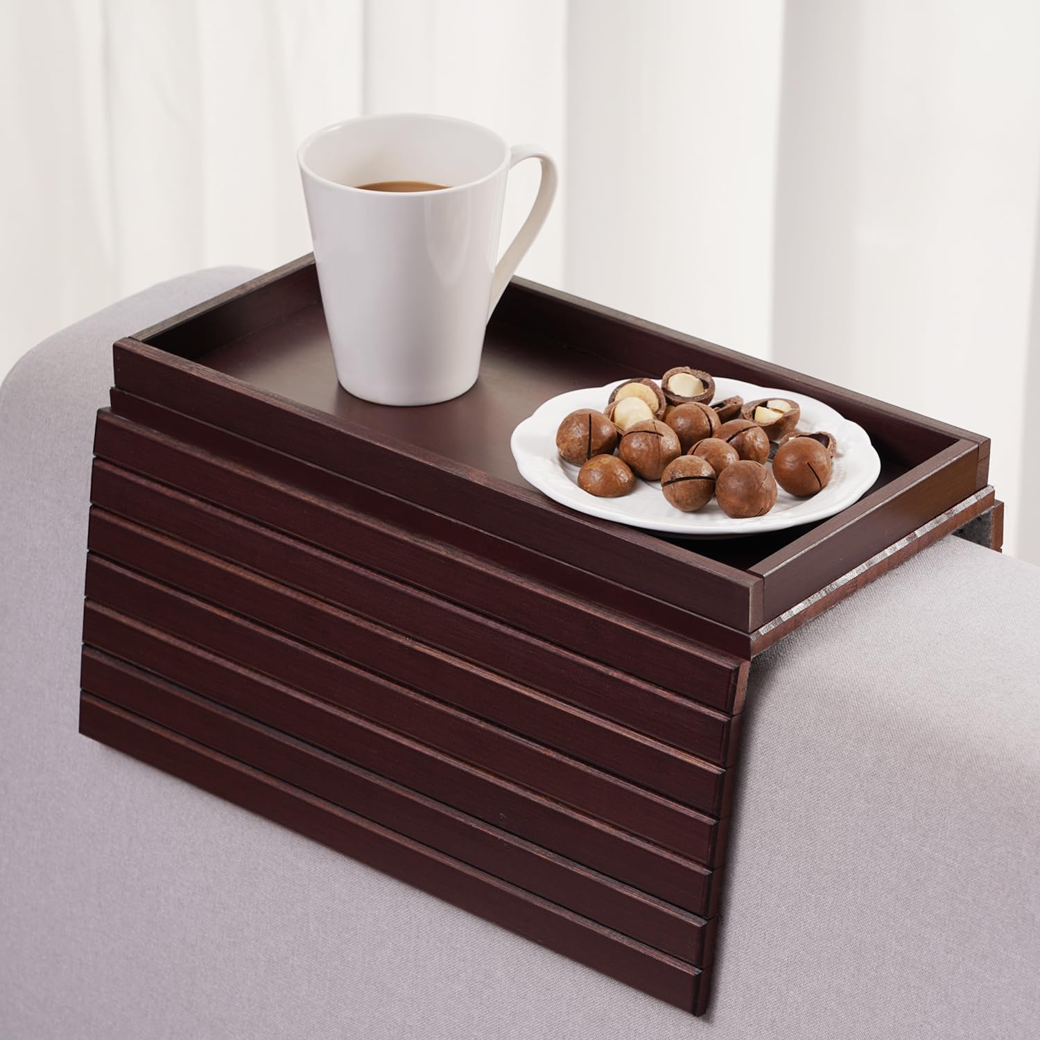 GEHE Bamboo Sofa Arm Tray, Foldable Couch Arm Tray Side Table, Anti-Falling Armrest Tables Cup Holder for Snacks, Drinks, Beers, Phone, Control, Flexible and Portable, Anti-Slip Bottom