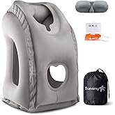 Sunany Travel Pillow, Inflatable Neck Pillow Used for Airplanes/Cars/Buses/Trains/Office Napping with Eye Mask/Earplugs (Gray)