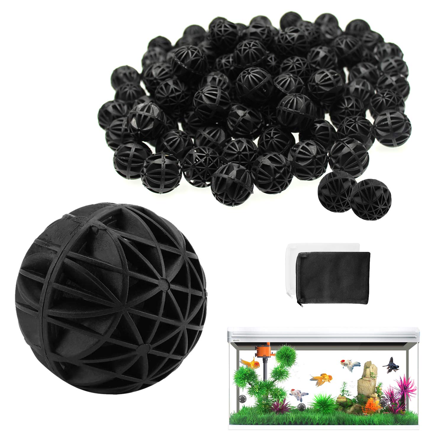 WZYTEU 100 pcs Bio Balls, 26mm Biological Filter Media Water Filter Material with Cotton for Aquarium Fish Tank Pond (Black, Give away 2 Filter bags)
