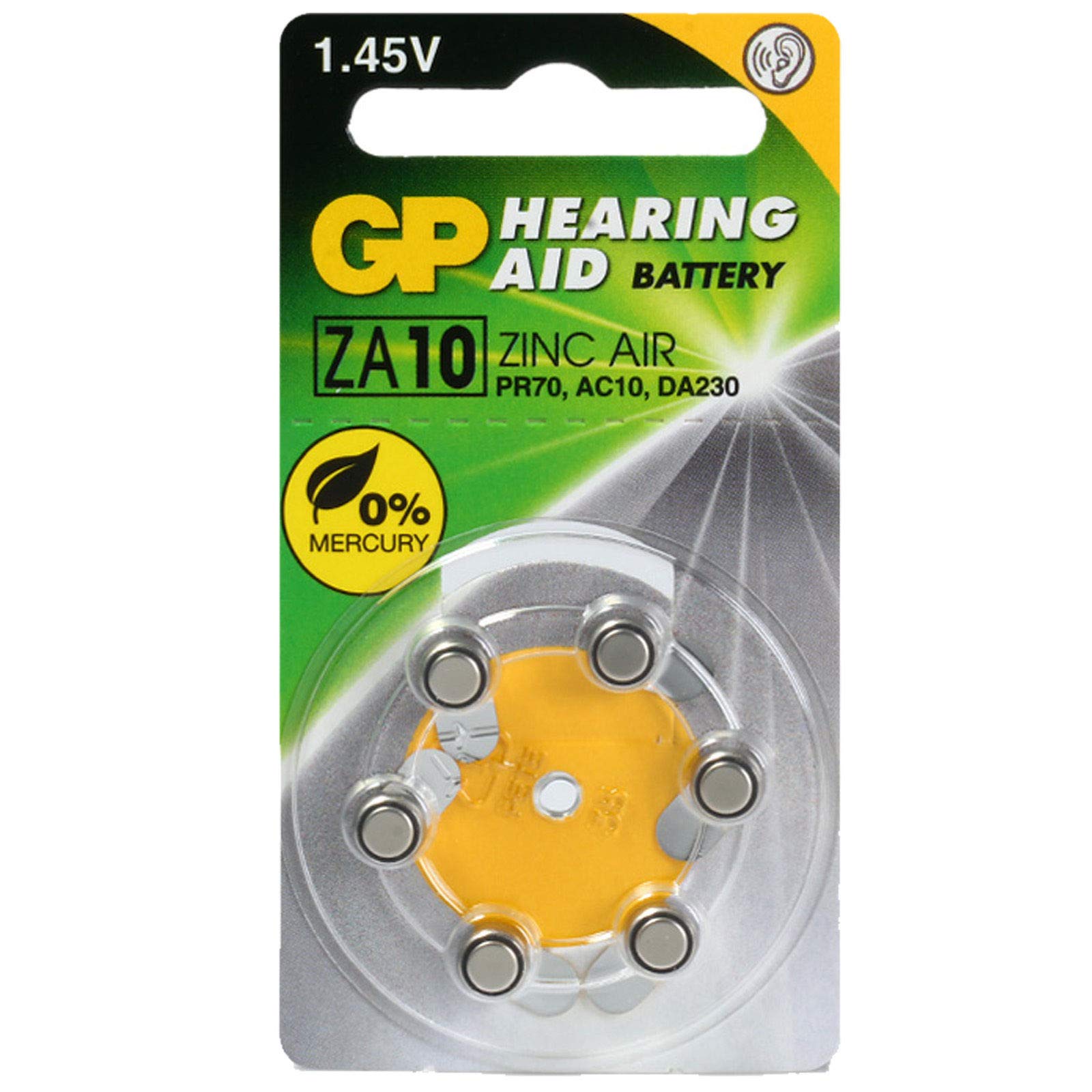 GP ZA10 PR70 Hearing Aid - Button batteries (box of 6 units), yellow color