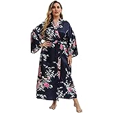 feslieacc Women's Floral Long Satin Robes Plus Size Long Silk Robes Peacock Floral Kimonos Sleepwear Dressing Gown