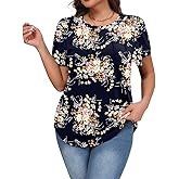 IN'VOLAND Womens Plus Size Tops Summer Loose Tunic Short Sleeve Shirts Crew Neck Top Pleated Dressy Casual Blouses