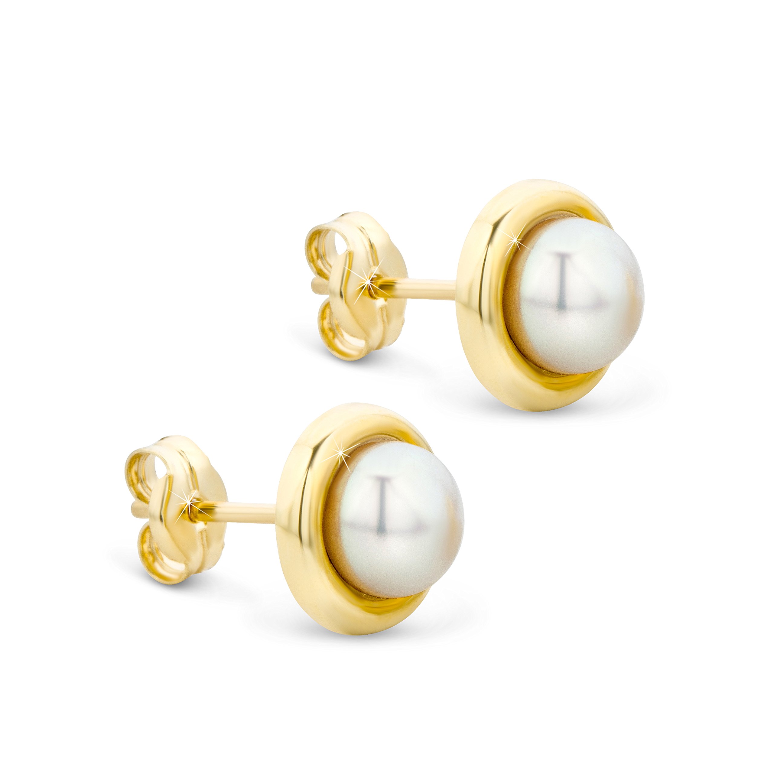 Orovi Yellow Gold Earrings for Women with freshwater Pearls in 14 Carat Gold, Hypoallergenic Earrings - Handmade studs with jewellery box