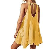 Yioaga Womens Casual Summer Dresses Sleeveless Crew Neck Backless Tunic Mini Dress Loose Flowy Tank Sundress with Pocket(Yellow,M)