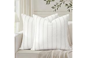 HOMEIDEAS Decorative Chenille Throw Pillow Covers 20x20 Set of 2, Striped Textured Farmhouse Pillow Covers, Soft Cushion Cove