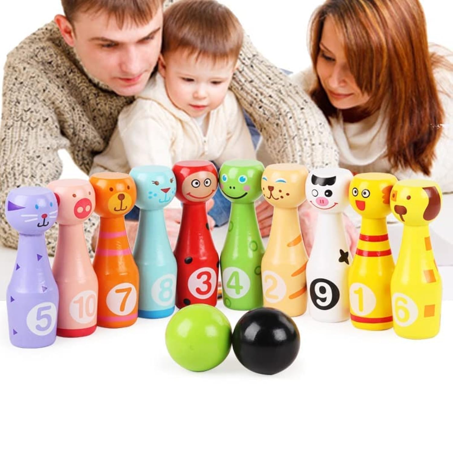 WSNDM Wooden Bowling Set Skittles Toys with 10 Animal and 3 Balls for Toddlers Boys Girls, Wooden Skittle Set with Facial Emotions and Numbers, Educational Bowling, Fun Gifts for Kids