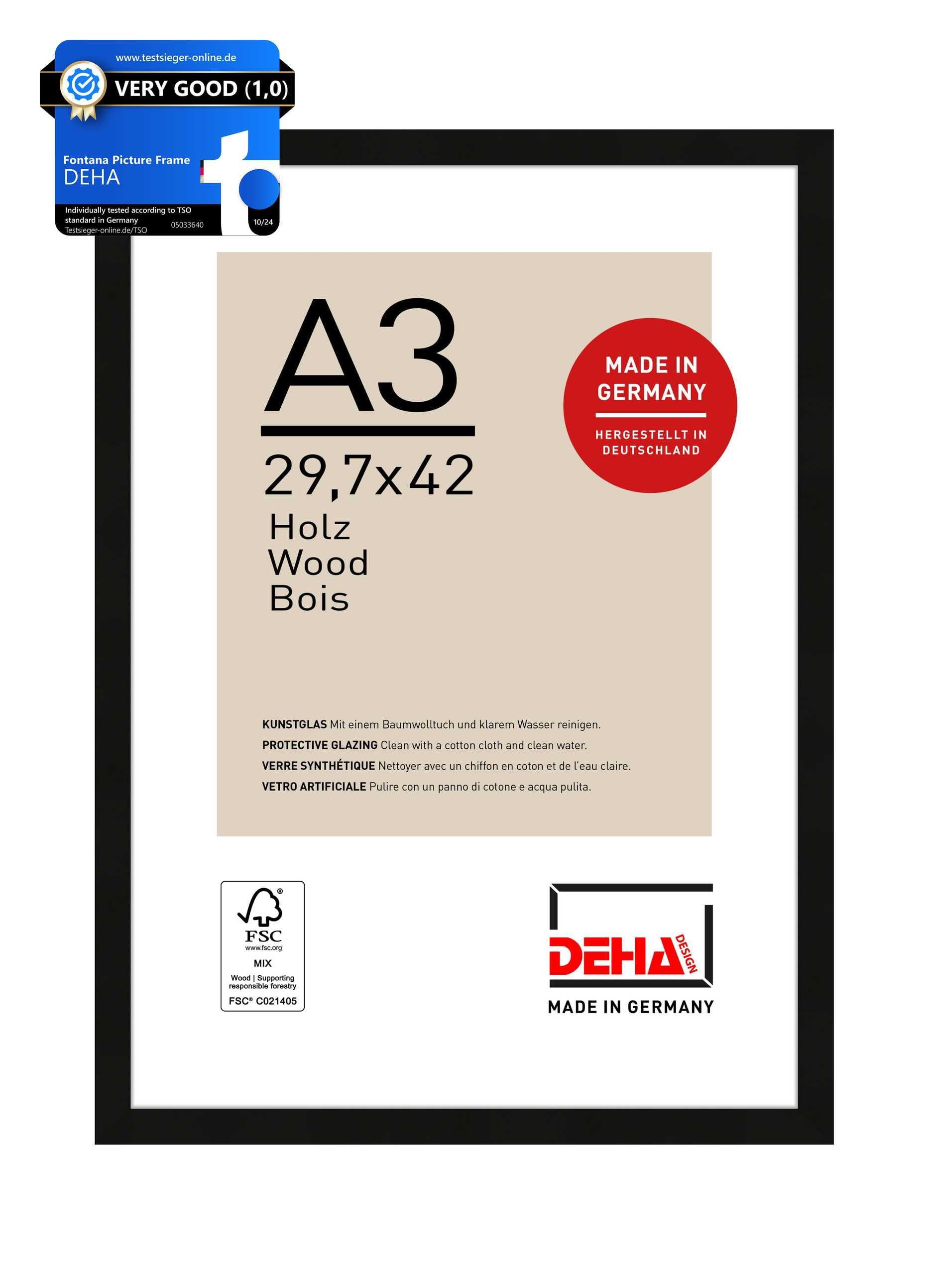 DEHA Design Fontana Wooden Picture Frame - A3 (29.7x42 cm) – Black - with Synthetic Glass and Push/Turn Clips — image 1