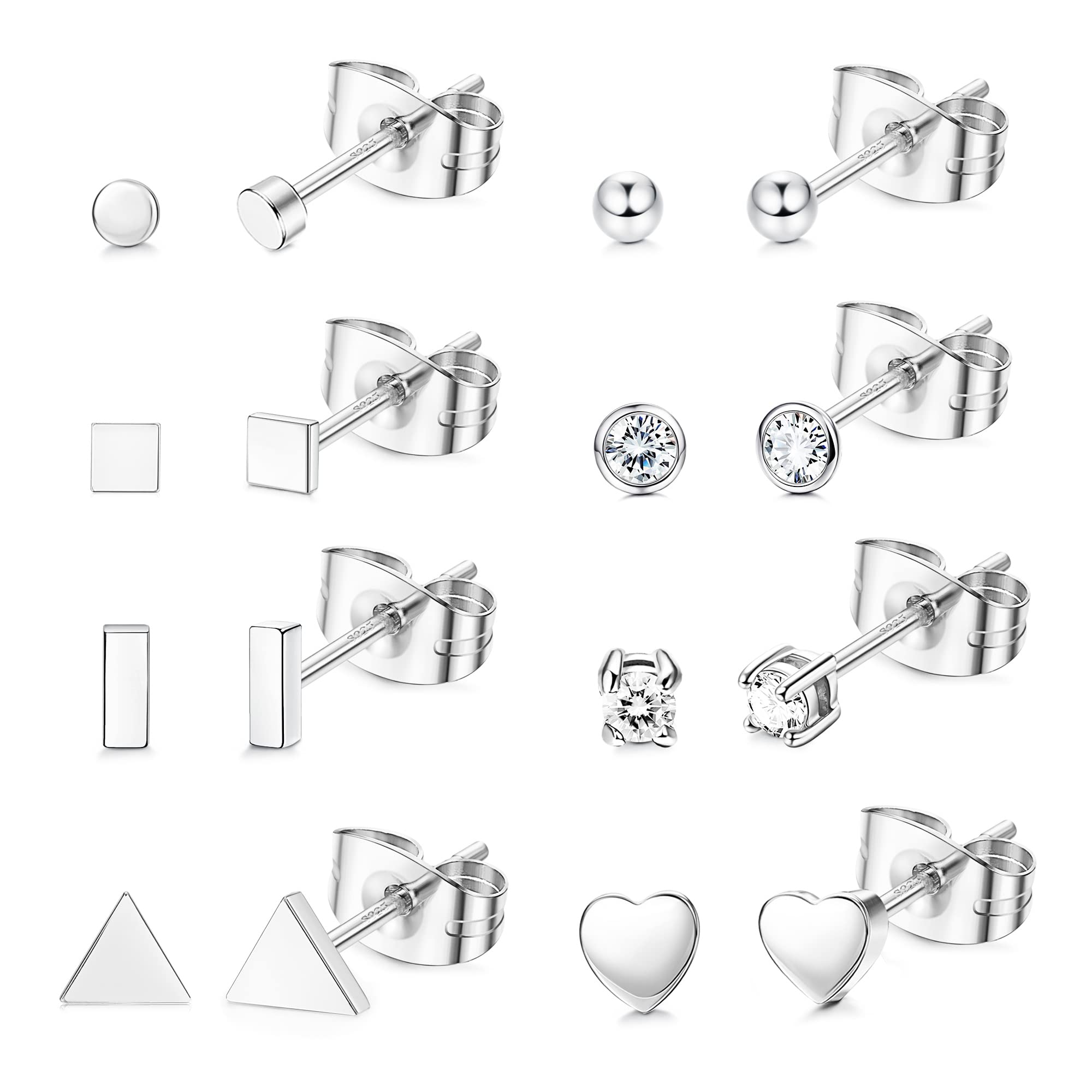 Finrezio 8 Pairs 925 Sterling Silver Tiny Stud Earrings Set for Women Men 3mm Round CZ Ball Stud Earrings Geometric Star Moon Heart Bar Dot Square Triangle Small Earrings Set
