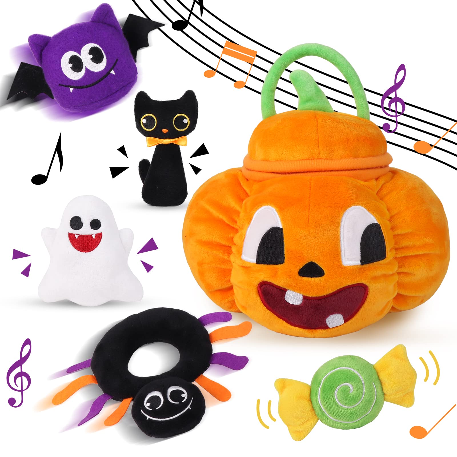 Photo 1 of Bunny Chorus My First Halloween Plush Pumpkin Playset, Stuffed Pumpkin Cat Spider Ghost Candy with Multi Sensory Rattles, for Baby Girls Boys