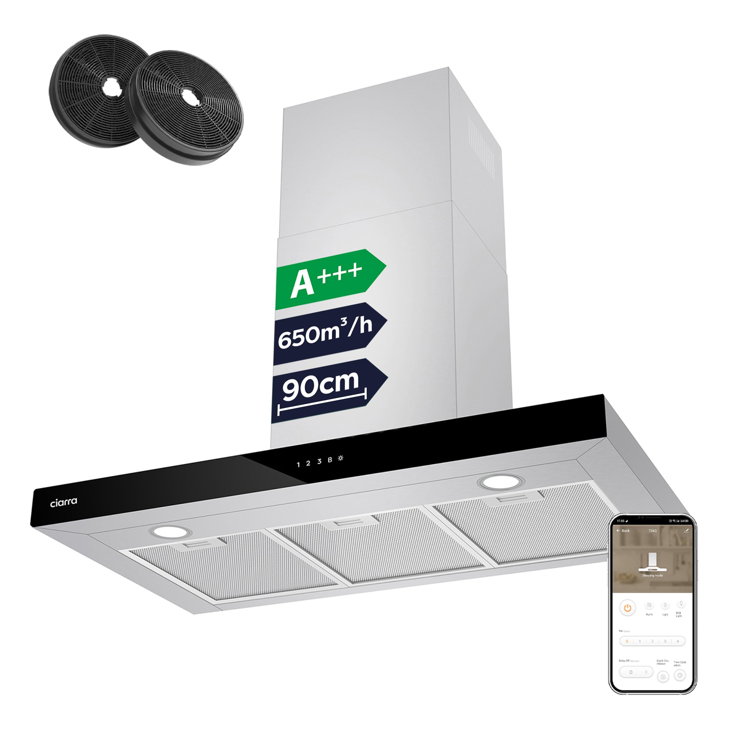 Ciarra CBCS9102 90cm Cooker Hood Wall Mount Chimney Hood Recirculating&Ducting 650 m³/h with 4 Speed WIFI APP Touch Control Kitchen Extractor Fan with CBCF003 Carbon Filters