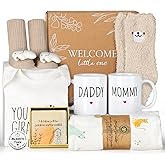 New Mom Gifts for Women, 9pcs Pregnancy Gifts for Expecting Mom, Cute Baby Gifts New Parents Gifts for Couples w/Mom and Dad Mugs for Gender Reveal Baby Shower First Time Mom to be Gifts(Khaki)