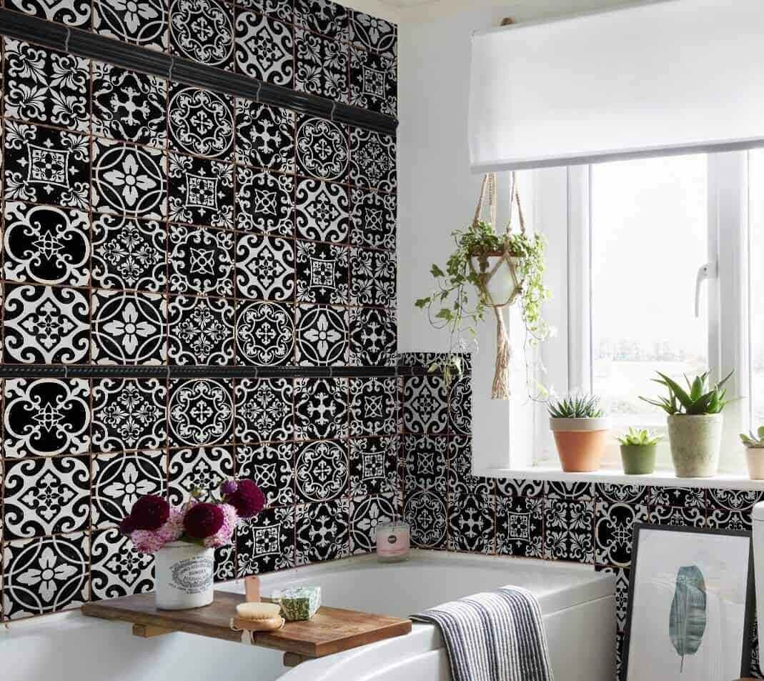 Black Tile Stickers Victorian Morrocan Modern Retro self Adhesive Wall Art Decor transfers- Bathroom backsplash Kitchen splashbacks Floral Decals Peel and Stick (Mixed Black, 6 inch) Pack of 9