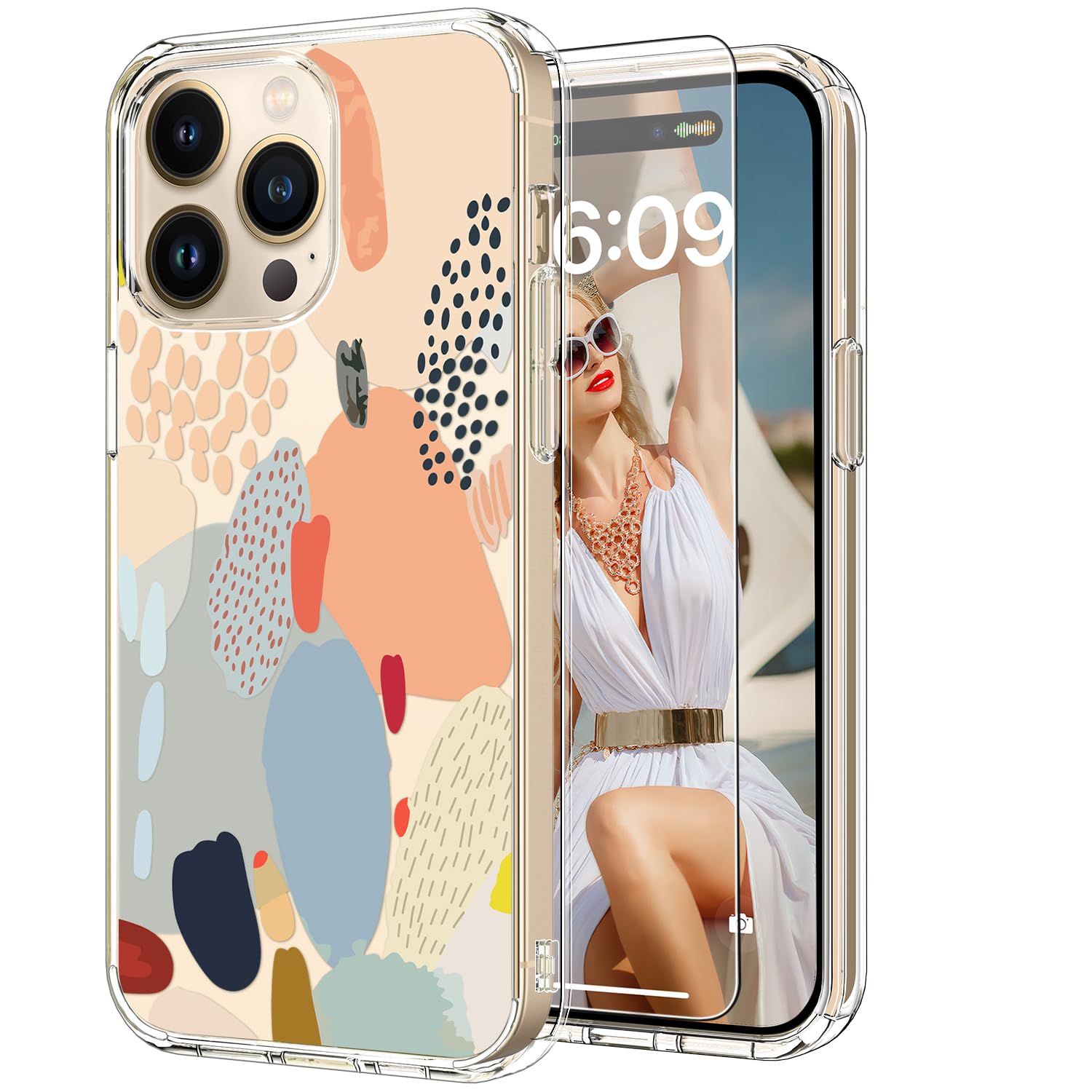 ICEDIO for iPhone 15 Pro Case with Screen Protector-Clear with Fashionable Patterns-Designed for Girls Women-Slim Fit Cover-Protective Phone Case 6.1" Multi-Colored Painting Cactus