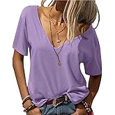 Eachyes Womens Deep V Neck T Shirts Casual Short Sleeve Loose Fit Basic Fashion Tee Tops