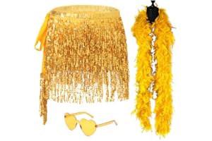 SHENJIPPC Sequin Skirt - Sequin Skirt for Women Fringe Skirt Belly Dance Rave Disco Cowgirl Sparkle Skirt, with Sunglasses + Boa