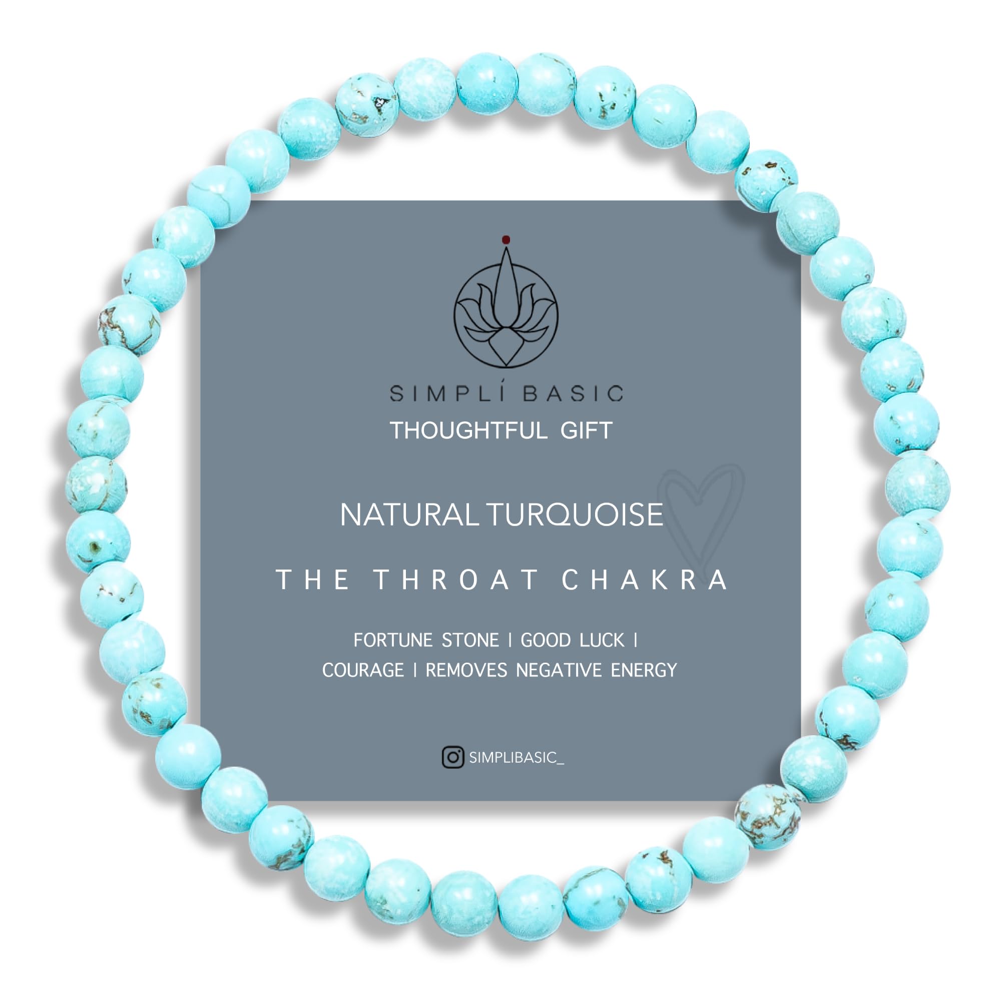 SIMPLÍ BASIC Natural Turquoise Healing Gemstone Bracelet 4mm Bead | Purification of The Heart | Evil Eye Beads | Removes Negative Energy | Inc Gift Box