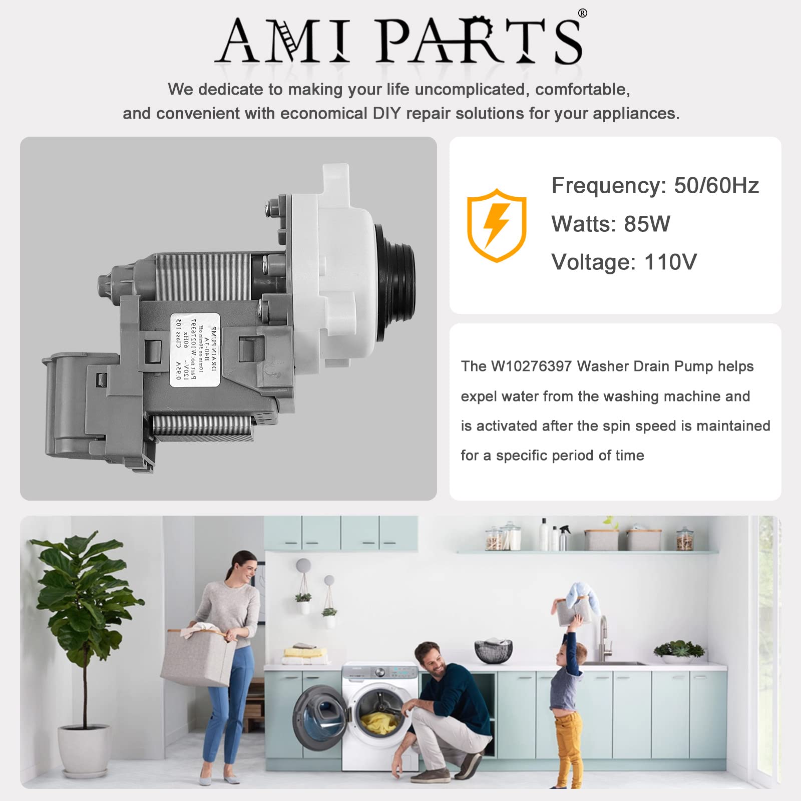 AMI PARTS W10276397 Washer Drain Pump for Whirlpool may tag Kenmore Washing Machine Replaces B40-3A WPW10276397VP AP6018417 1874334 LP397 WPW10276397 Drain Pump (10 Years WARRANTY)