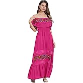Women Mexican Dress Off Shoulder Floral Embroidered Long Maxi Dress Summer Beach Party Cinco de Mayo Dresses