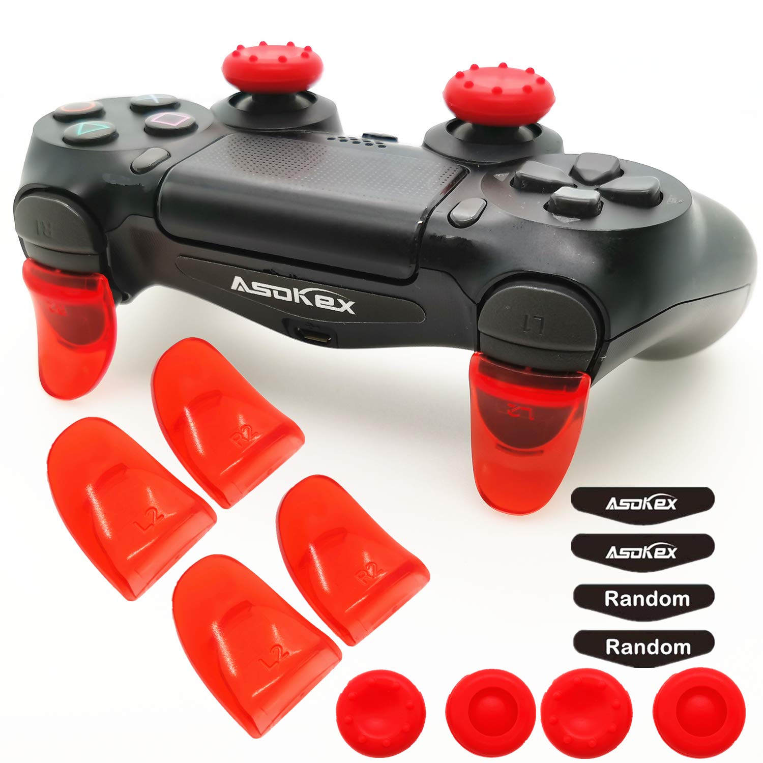 L2 R2 Ps4 Trigger Extenders (2 Pairs L2 R2 Triggers, 4pcs Joystick Cap, 2 Pairs LED Light Bar Decal) for Ps4 Controller(red)